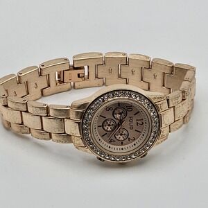 Ladies Folio Classic Paved Round Rose Gold Tone Case Link Bracelet Band Watch